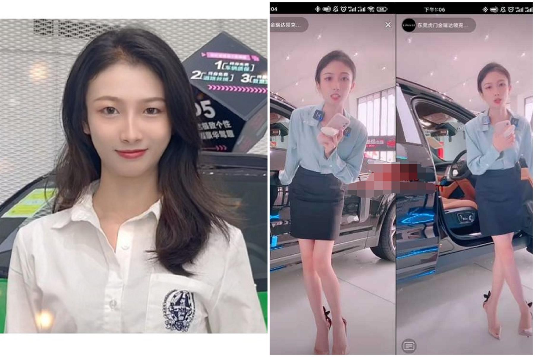 正妹車銷售員直播,站姿詭異抖動頻摸臀!網友色色懷疑「下體不單純」。(翻自weipin4.com)