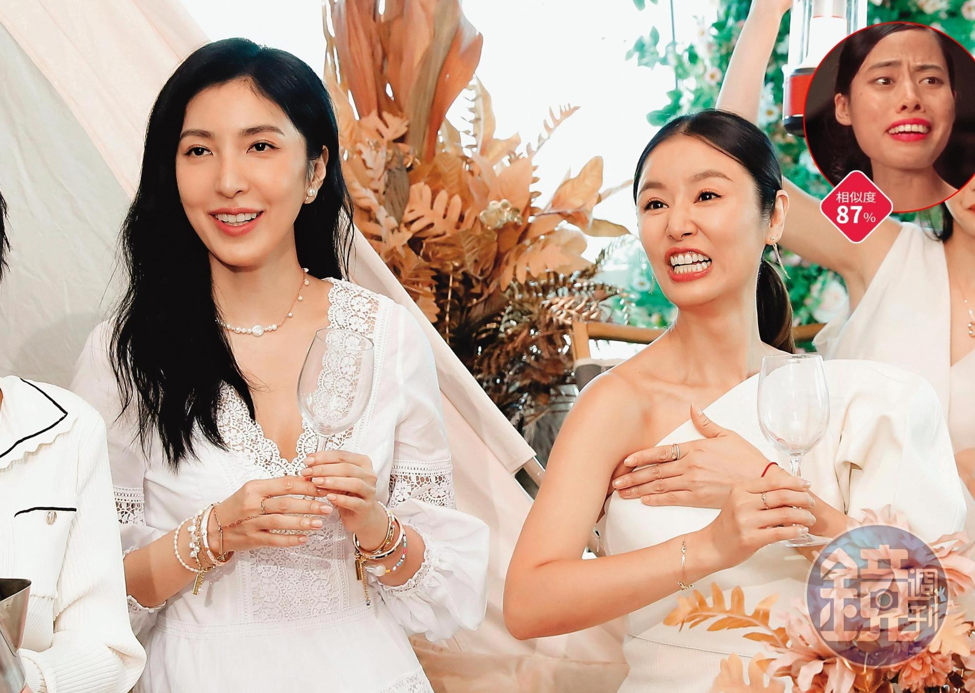林心如(右)、楊謹華(左)討論露營時要比拚什麼,看林心如一口《功夫》齙牙珍的鋼牙,可比劈材吧?(誤)右上為《功夫》齙牙珍。 (翻攝自阿波羅娛樂)