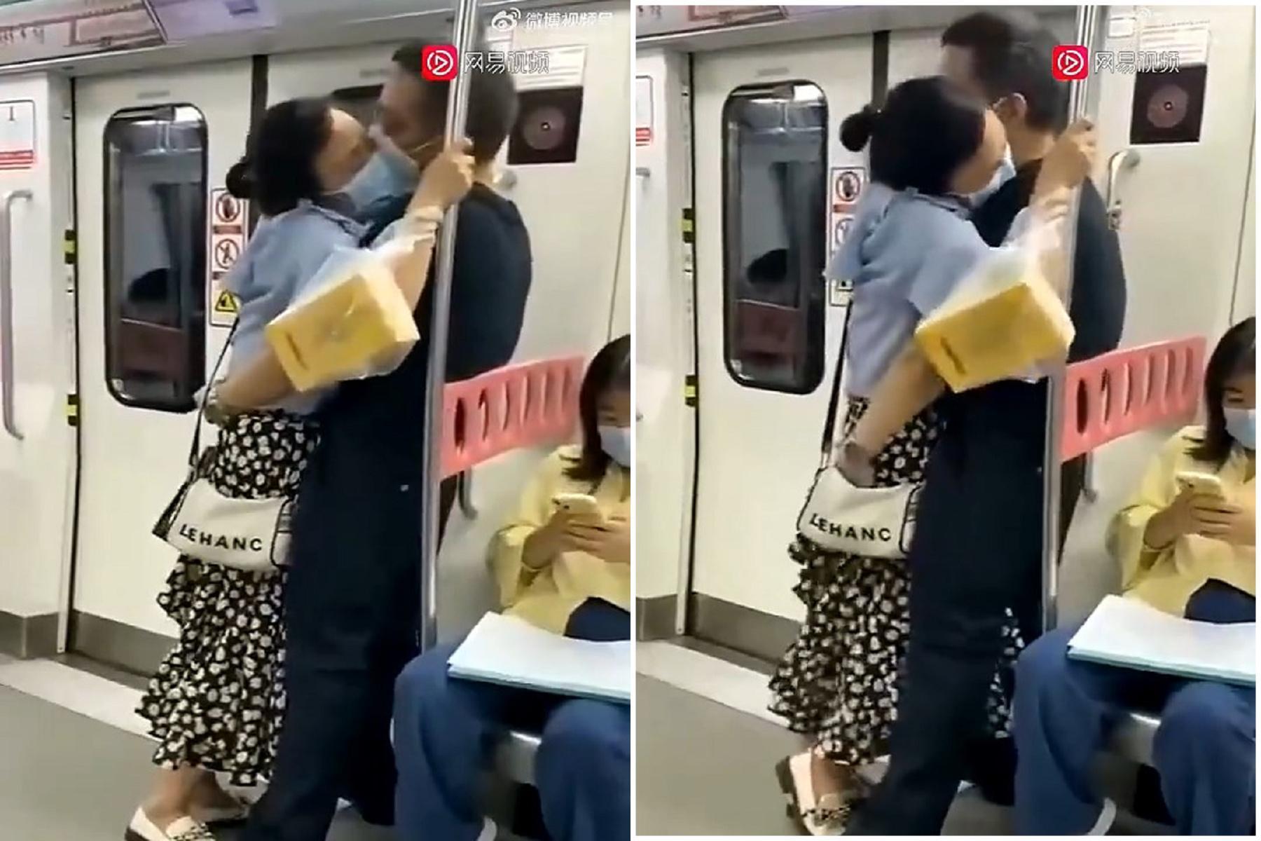厲害了!情侶搭地鐵「愛欲衝腦」激情磨蹭,戴口罩熱吻超誇張。(翻自《網易》)