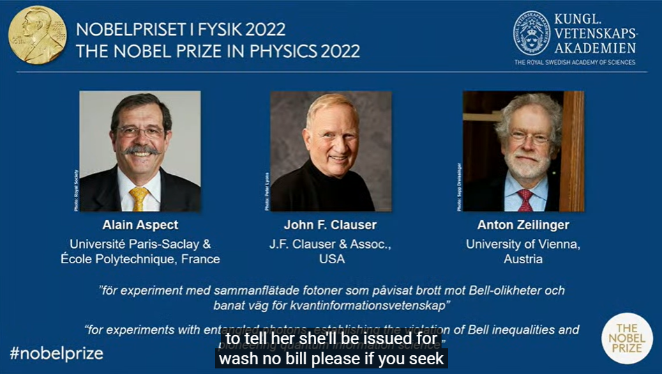 諾貝爾物理獎揭曉！法、美、奧3學者研究「量子力學」共享殊榮。（翻自諾貝爾官方YT）