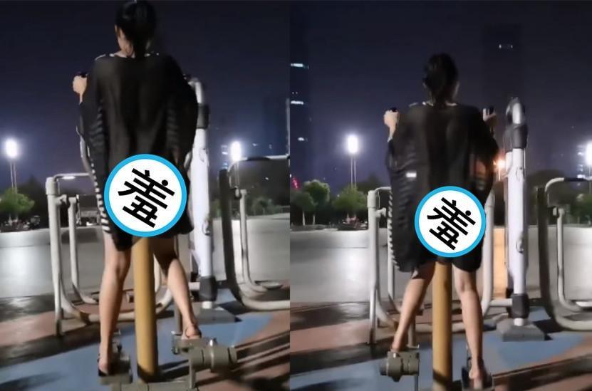 身材火辣正妹夜間在公園僅穿黑色透視薄紗,使用踏步機運動,上下踩踏時蜜桃臀若隱若現。(翻攝《爆廢公社公開版》)
