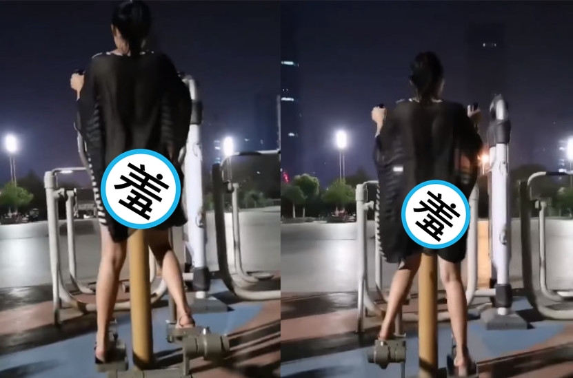 身材火辣正妹夜間在公園僅穿黑色透視薄紗，使用踏步機運動，上下踩踏時蜜桃臀若隱若現。（翻攝《爆廢公社公開版》）