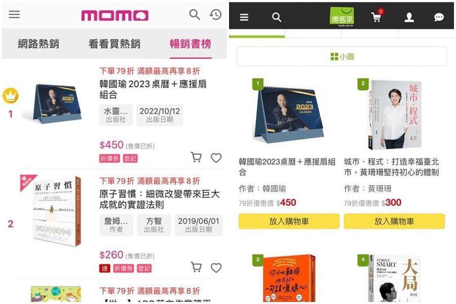 韓國瑜推出的「韓國瑜2023桌曆+應援扇組合」才開放預購不到一天,就登上MOMO購物網及博客來銷售冠軍。(翻攝自韓國瑜臉書)