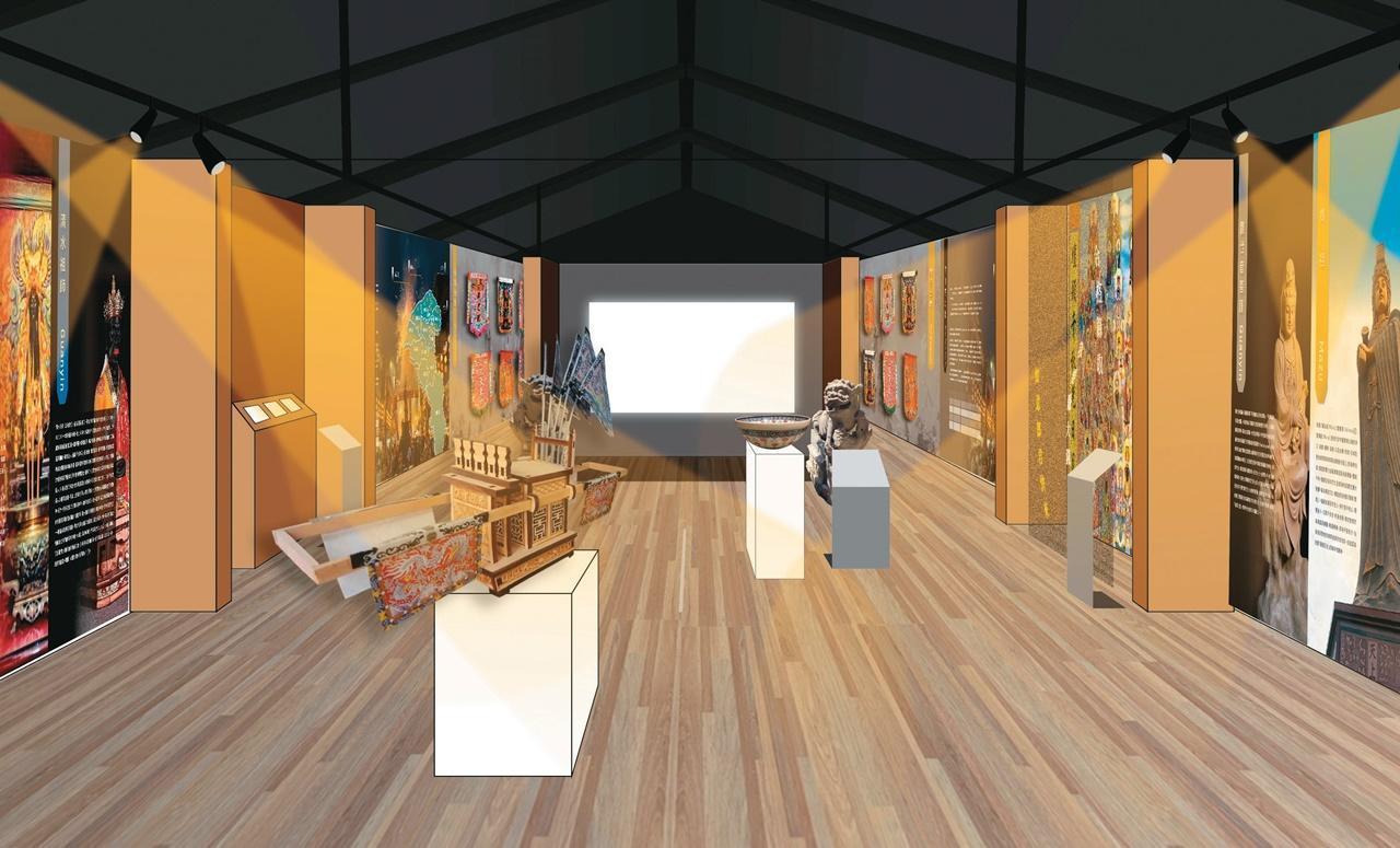 「民俗節慶館」搭配寺廟分佈地圖,展示桃園的宮廟節慶與民間信仰。(桃園市政府提供)