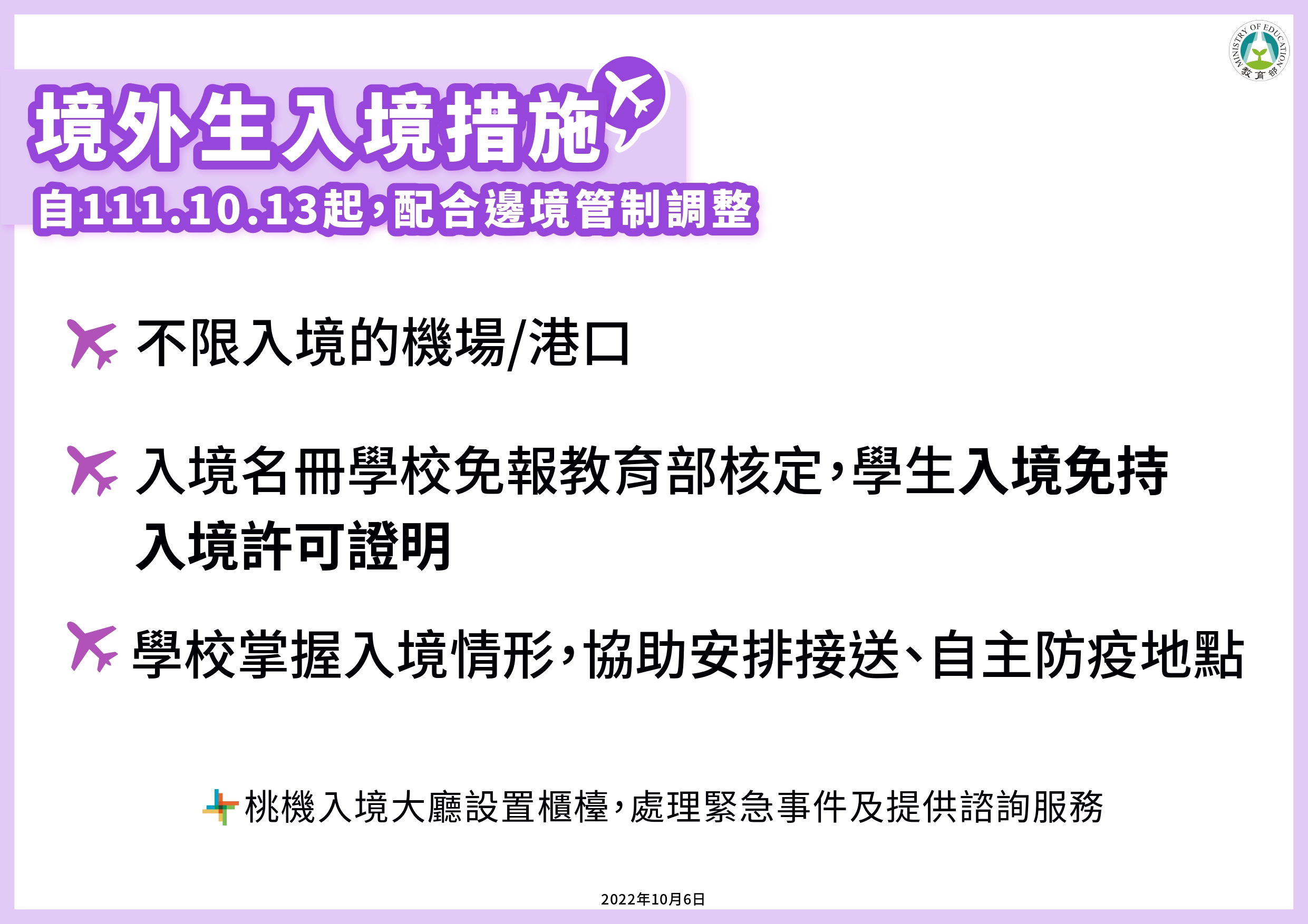 10月13日起境外生也適用「0+7」自主防疫，若有症狀入住「隔離宿舍」，後續確診則轉入住「照護宿舍」。（教育部提供）