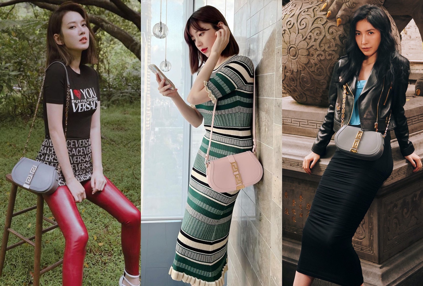 （左起）Melody、郭雪芙、楊謹華都背上全新Greca Goddess迷宮女神包，展現不同風情。（VERSACE提供）