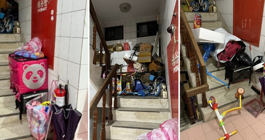鄰居在樓梯間堆滿雜物，罔顧大家的逃生安全，行徑相當誇張。（翻攝爆料公社）