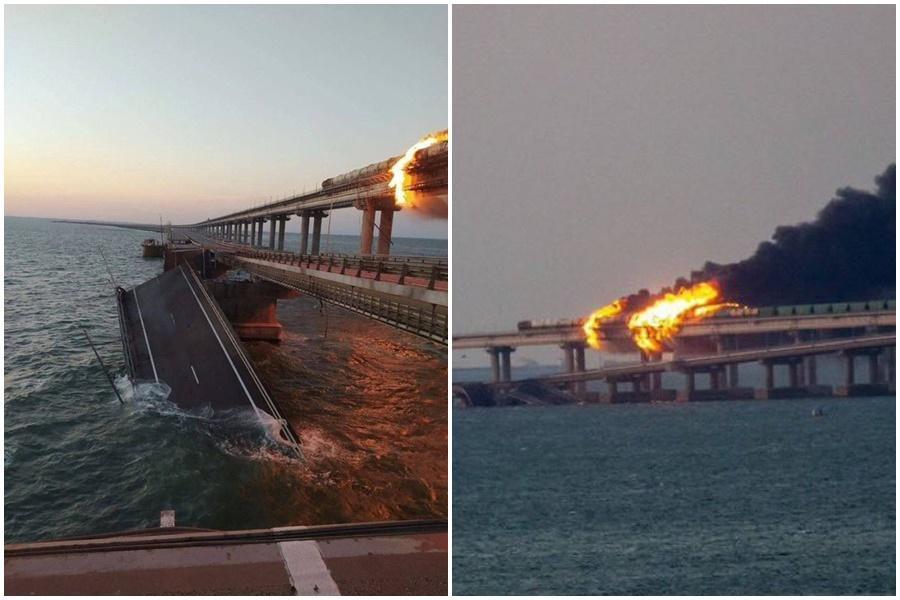 連接俄羅斯本土和克里米亞半島的克里米亞大橋今(8日)發生爆炸,現場畫面曝光。(左圖翻攝自推特@Andrew__Roth,右圖翻攝自推特@saintjavelin)