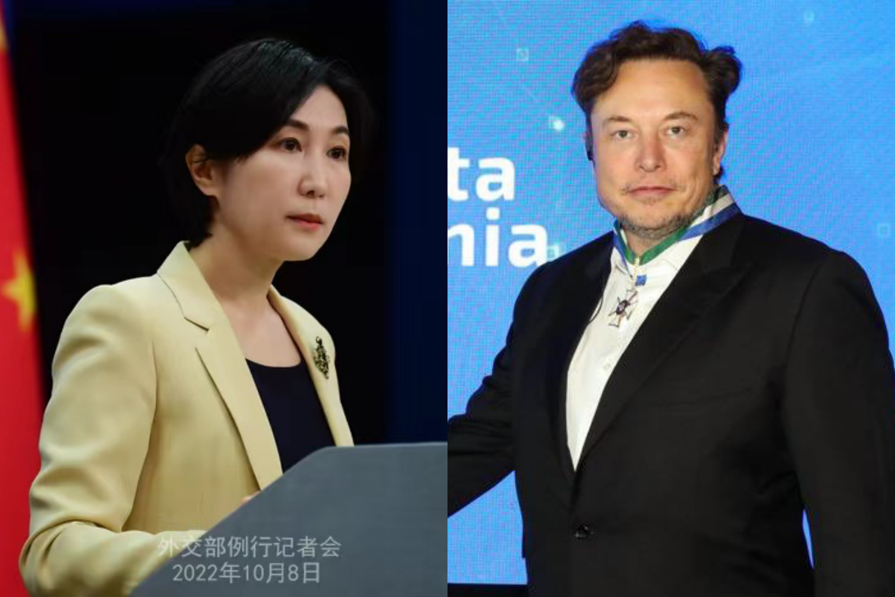 馬斯克（右）日前稱中國應把台灣設為「特別行政區」，不過遭中國外交部發言人毛寧（左）回應「遏制外部勢力干涉」。（翻攝自中國外交部、@jairbolsonaro twitter）