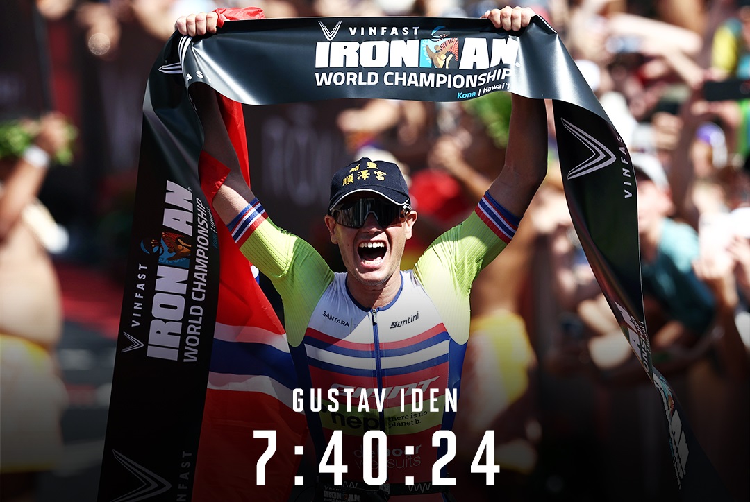 挪威鐵人三項選手伊登9日戴著「埔鹽順澤宮」帽，在夏威夷舉辦的IRONMAN世錦賽奪冠。（翻攝IRONMAN World Championship）