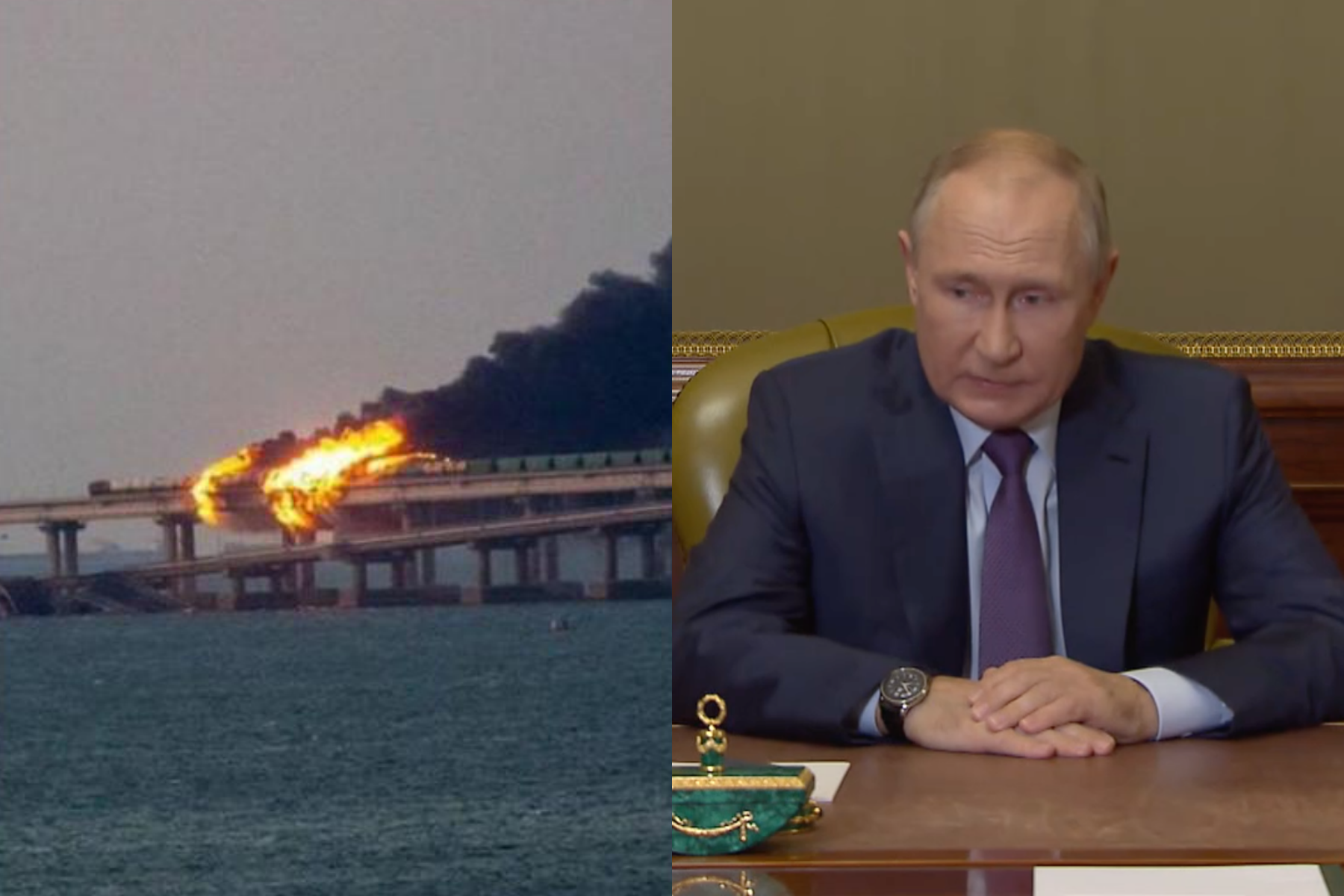 克里米亞大橋8日發生大爆炸,普丁9日指控是烏克蘭所為。(翻攝自twitter @saintjavelin、克里姆林宮)