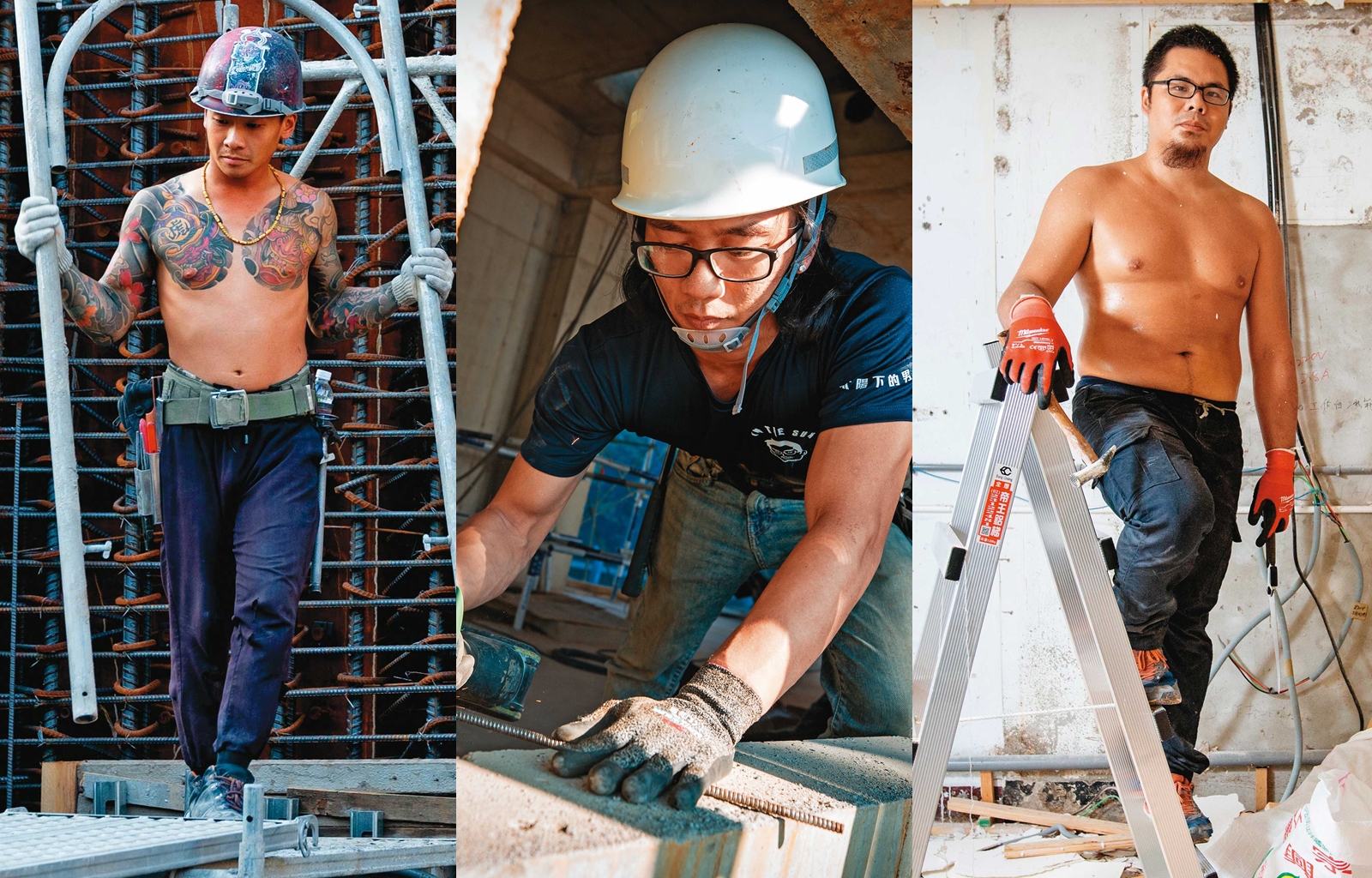22歲的台中鷹架工阿虎（左），靠雙手拚出自己滿意的獨立生活。／28歲板模工人小姜（中），日薪2,800元，只要做工品質及速度繼續提升，薪水還有往上加的空間。／退伍後就進到工地的鄭竣展（右）是入行10年的專業防水師傅，他認為這個時代不懂身體勞動的價值。