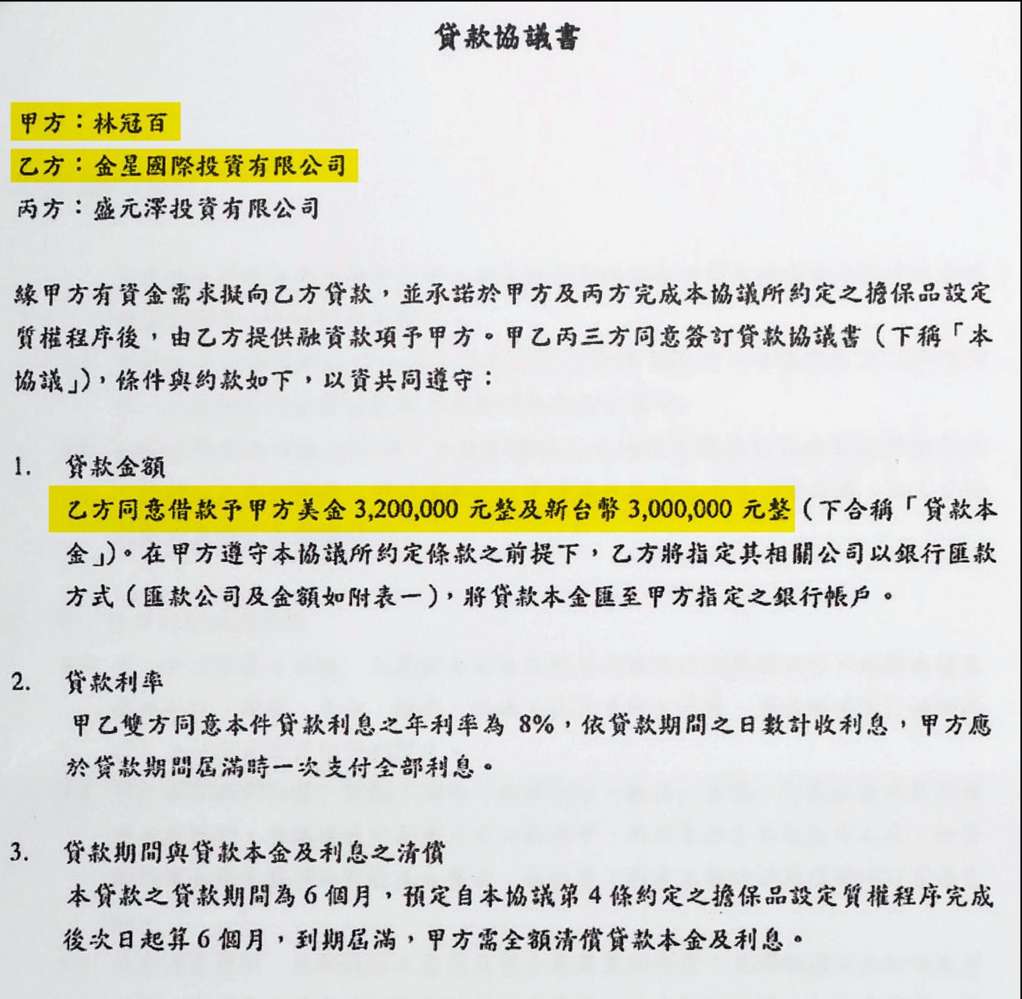謝國樑出示與時任德信證券董事長林冠百的合約,強調雙方是單純借貸。(謝國樑提供)