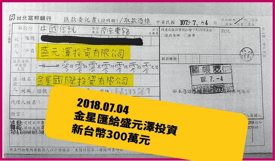 謝國樑出示匯款單,證明從全方位、益都、金星三家公司戶頭,匯款到林冠百指定的盛元澤投資。(謝國樑提供)