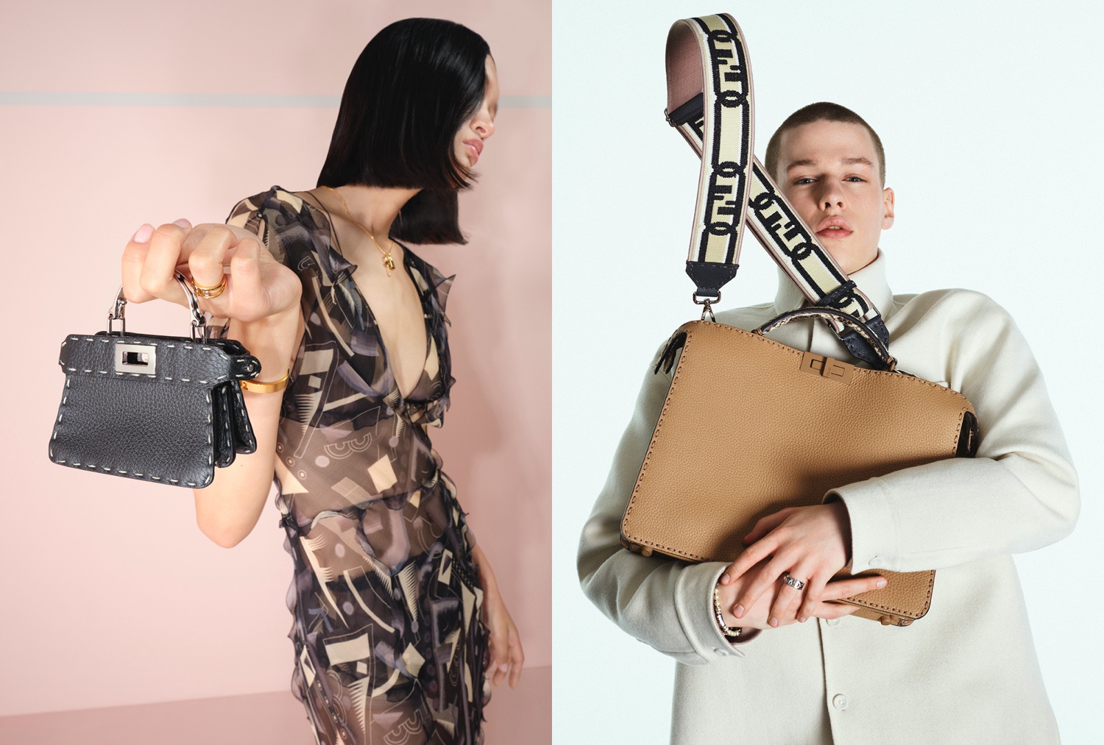 Peekaboo Capsule限定系列將男、女用包款都裝飾上了Selleria粗大車縫線。（FENDI提供）