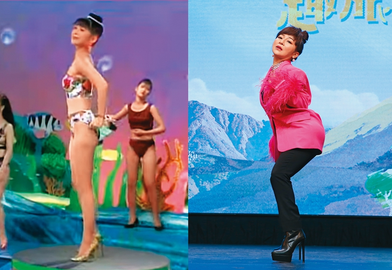 王彩樺（左）26年前就穿著比基尼搭高跟鞋，超飛迅。53歲的王彩樺（右）穿上「恨天高」秀超猛S曲線，這是台北女子的必備技能。（左圖翻攝自《十二大美女海底城泳裝歌唱秀》）