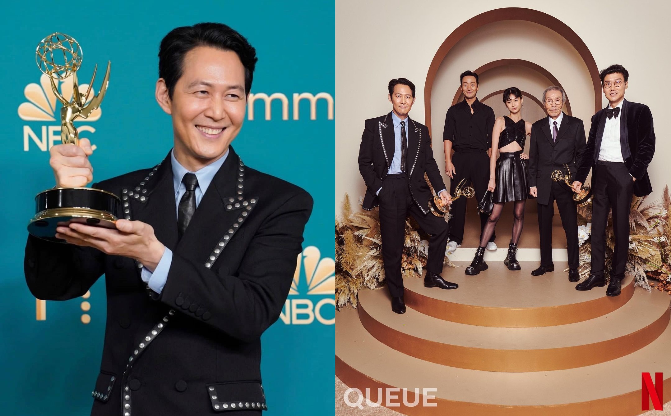 李政宰（左圖）以《魷魚遊戲》獲封艾美獎視帝，《魷魚遊戲》確定製作第2季，團隊（右圖）是否全員回鍋以及酬勞也受到矚目。（左圖翻攝自李政宰Instagram，右圖翻攝自Netflix Queue Instagram）