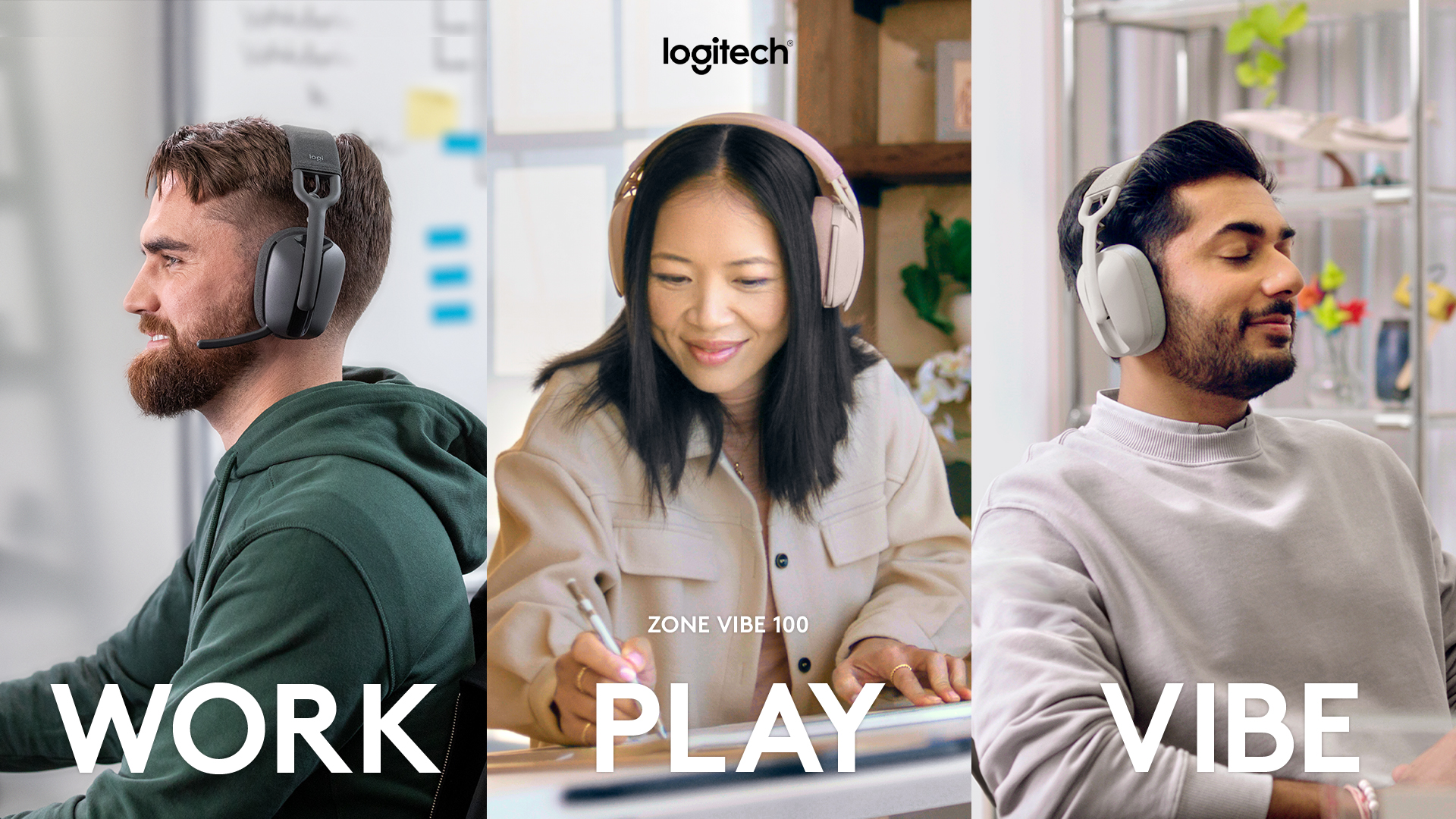 Logitech ZONE VIBE 100無線藍牙耳機麥克風擁有18小時超長續航力與185公克超輕重量，適合舒適配戴一整天，符合工作娛樂多種使用情境。