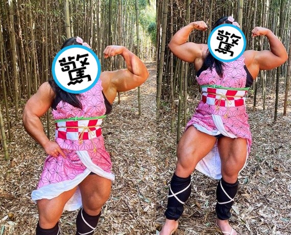 韓國健身網紅cosplay扮演禰豆子，精實身材嚇倒一票網友。（翻攝自＠eheekang IG）