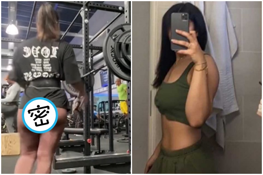 一名健身女網紅健身時，在深蹲時下半身失蹤，掀起關注。（翻攝自TikTok）