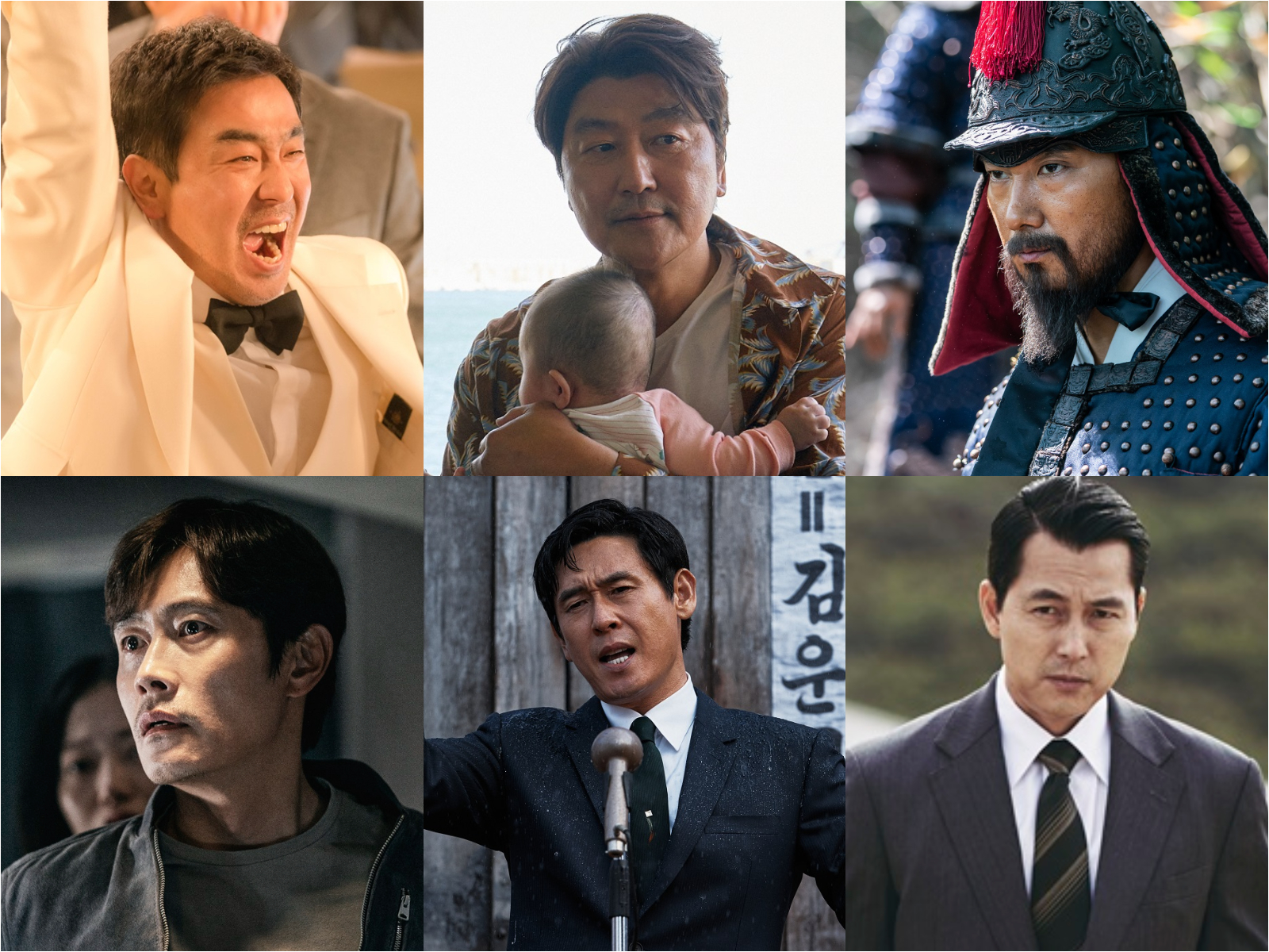 第58屆大鐘獎影帝競爭激烈，包含柳承龍（上排左起）、宋康昊、朴海日、李炳憲（下排左起）、薛景求、鄭雨盛6位全是典禮常勝軍。（合成圖片）