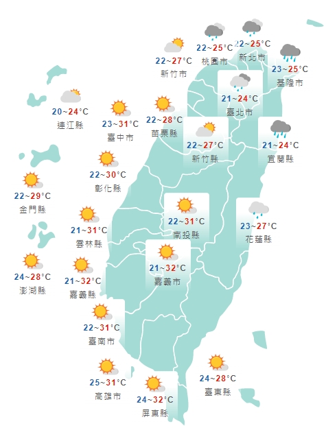 全台各地白天天氣狀況一覽。（中央氣象局提供）