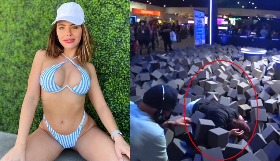 美國知名實況主謝奇克參加Twitch嘉年華趣味競賽，跳下海綿池慶祝勝利時竟摔傷背部。（翻攝IG @bratnasty69、推特@ClippyChimp）