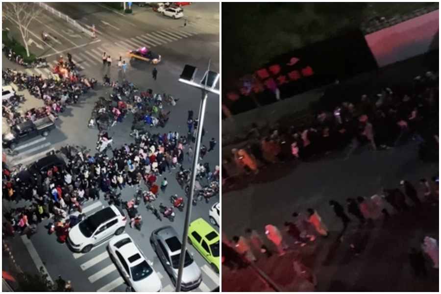 江蘇沛縣出現1例核酸檢測異常，遭到當局宣布全縣封城，估有103萬人受到影響。圖為沛縣排隊等待核酸檢測。（翻攝自微博）