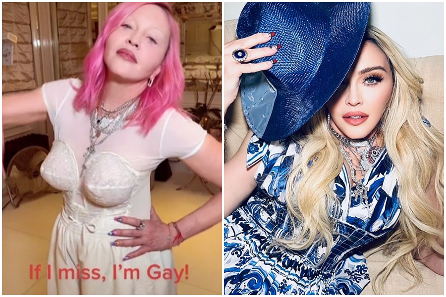 瑪丹娜發布新短片「如果我沒丟中，我就是同性戀者」，讓粉絲、網友們看得霧煞煞。（左圖翻攝自瑪丹娜TikTok，右圖翻攝自瑪丹娜IG）