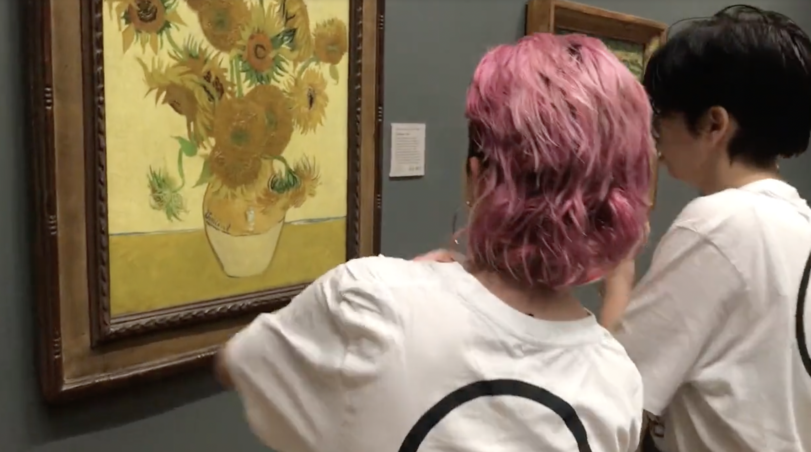 2名環保人士朝著梵谷的名畫《向日葵》潑灑罐頭番茄汁抗議。（翻攝自推特@andrewdoyle_com）