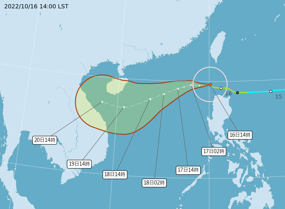 尼莎颱風16日下午2時位於鵝鑾鼻南南西方約260公里處，以每小時16轉13公里速度，向西轉西南西進行。（中央氣象局提供）