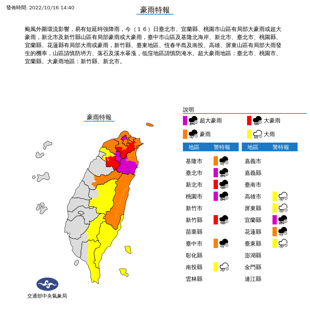 氣象局下午2:40發布豪雨特報。（氣象局提供）