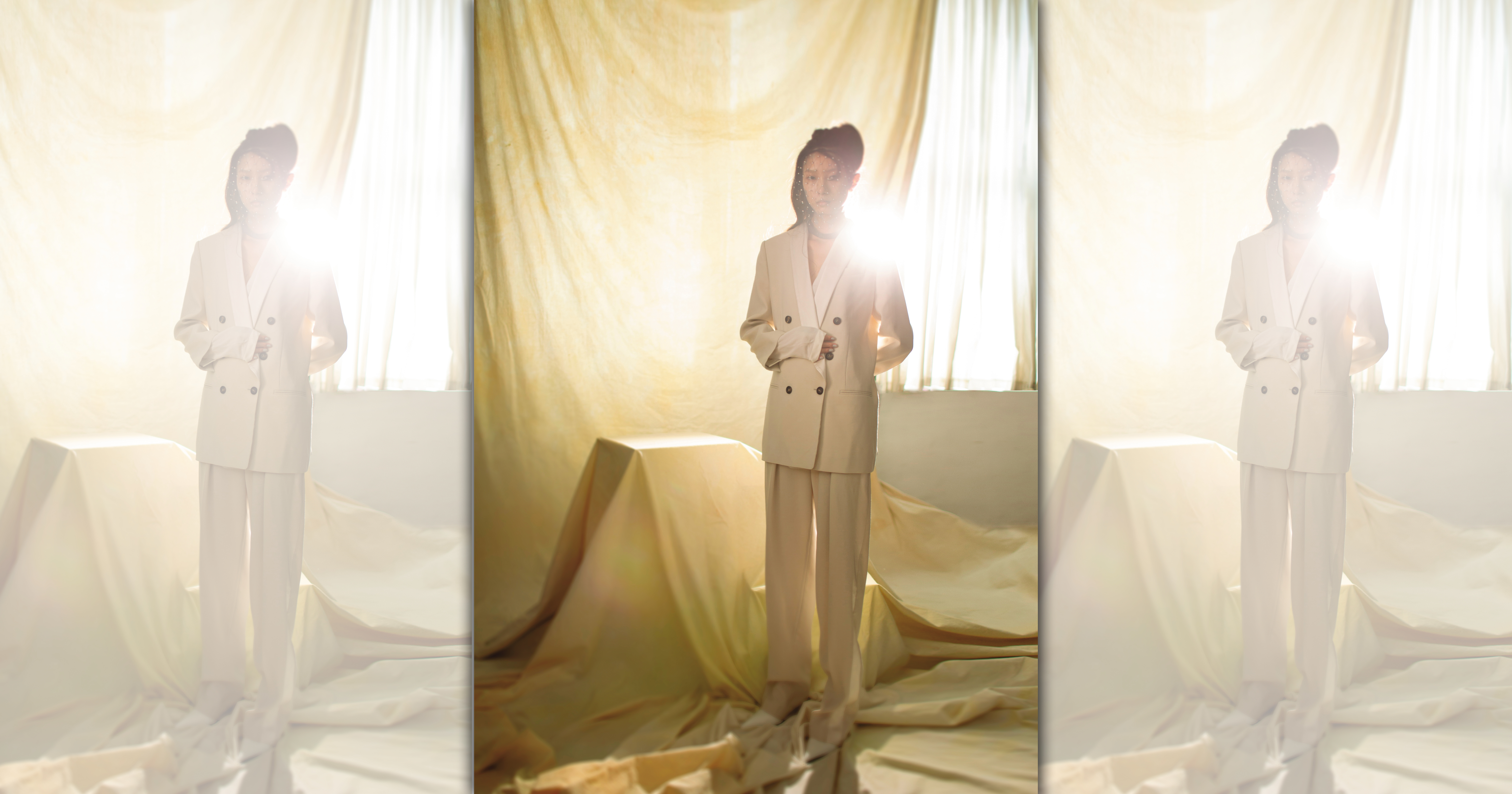 米白色絲瓜領西裝外套 NT$153,600、絲質白色襯衫 NT$81,500、米白色長褲 NT$77,800 by BRUNELLO CUCINELLI／白色尖頭繫帶高跟鞋 NT$57,500 by VERSACE／黑色網紗髮箍（做頸圈使用） 價格店洽 by DIOR