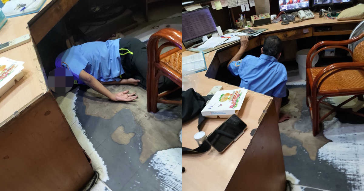 一名社區保全經常在值班時睡到不省人事,網友看到睡姿認為不像睡著而是暈倒。(翻攝自爆料公社公開版)