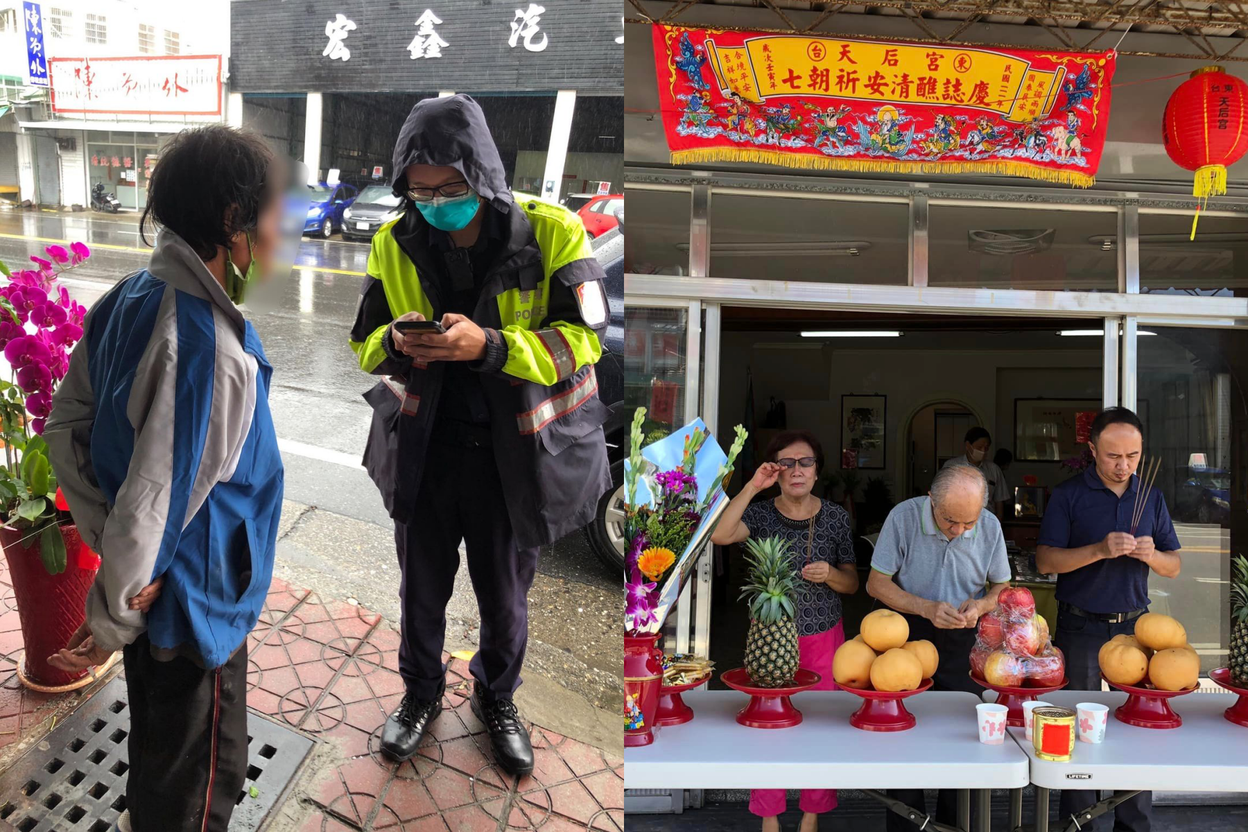 台東市第二選區民代候選人王泰捷(右圖右一)的競選服務處,日前竟遭到一名陌生男子(左圖)闖入。(翻攝自王泰捷臉書)