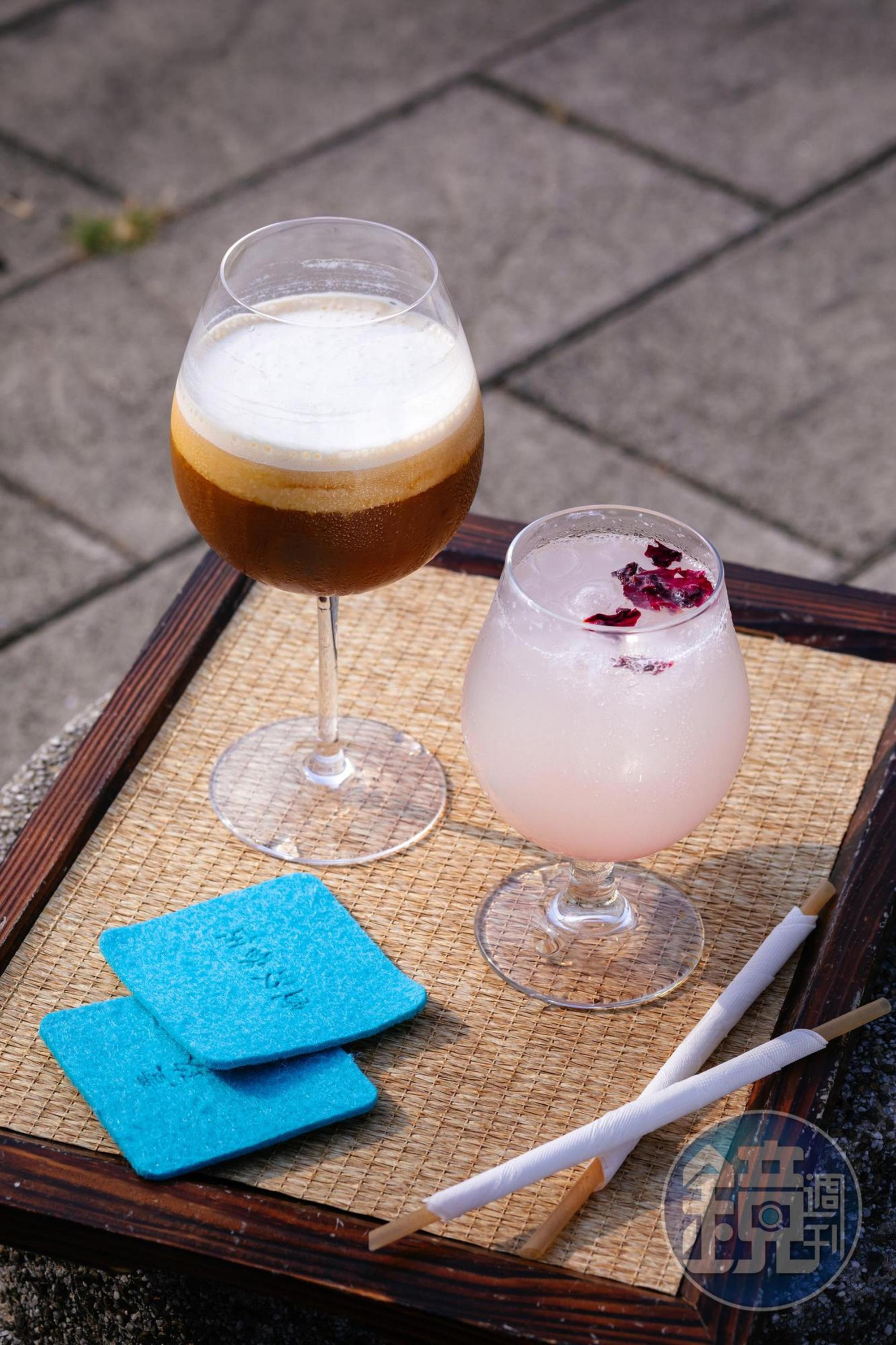 「帽子咖啡」奶霜綿密(左,160元/杯);「荔枝可爾必思飲」(右,140元/杯)帶氣泡感。
