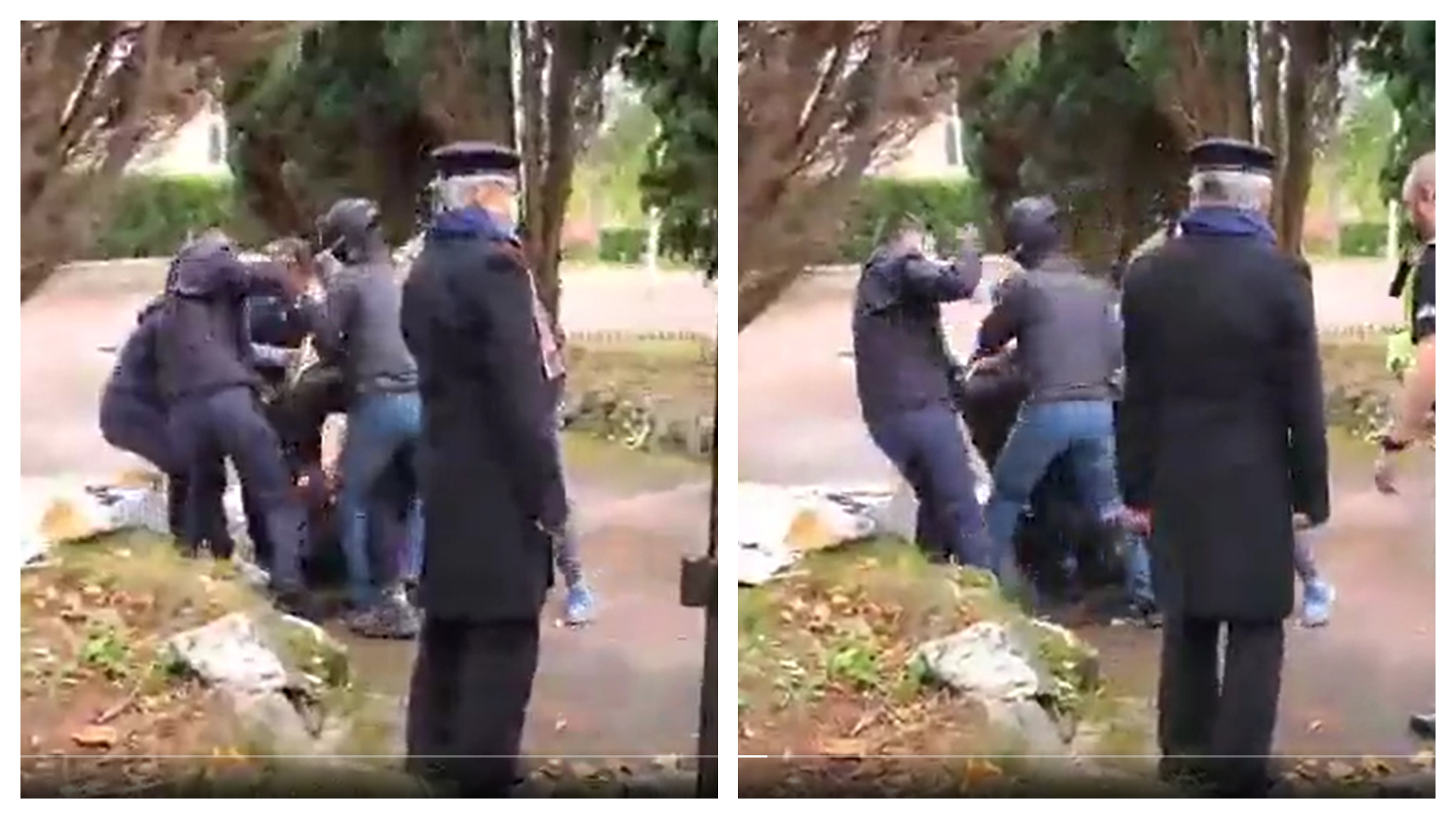 香港示威者Bob Chan遭數名領事館人員拖進領事館內圍毆。（翻攝自推特）