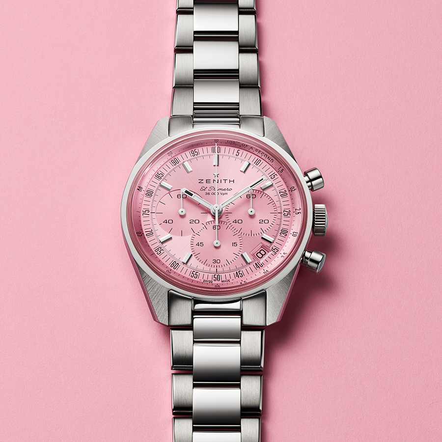 ZENITH Chronomaster Original Pink｜錶徑38mm ／不鏽鋼材質／時、分、小秒、日期指示、計時碼錶功能／ El primero 3600型自動上鍊機芯／防水50米／定價NT$318,100（僅在十月期間限定販售）
