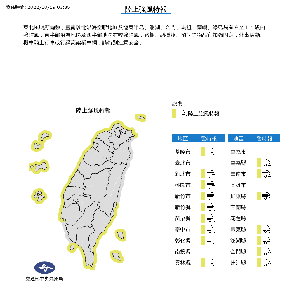 東北季風仍明顯偏強，氣象局針對16縣市發布「陸上強風特報」。（中央氣象局提供）