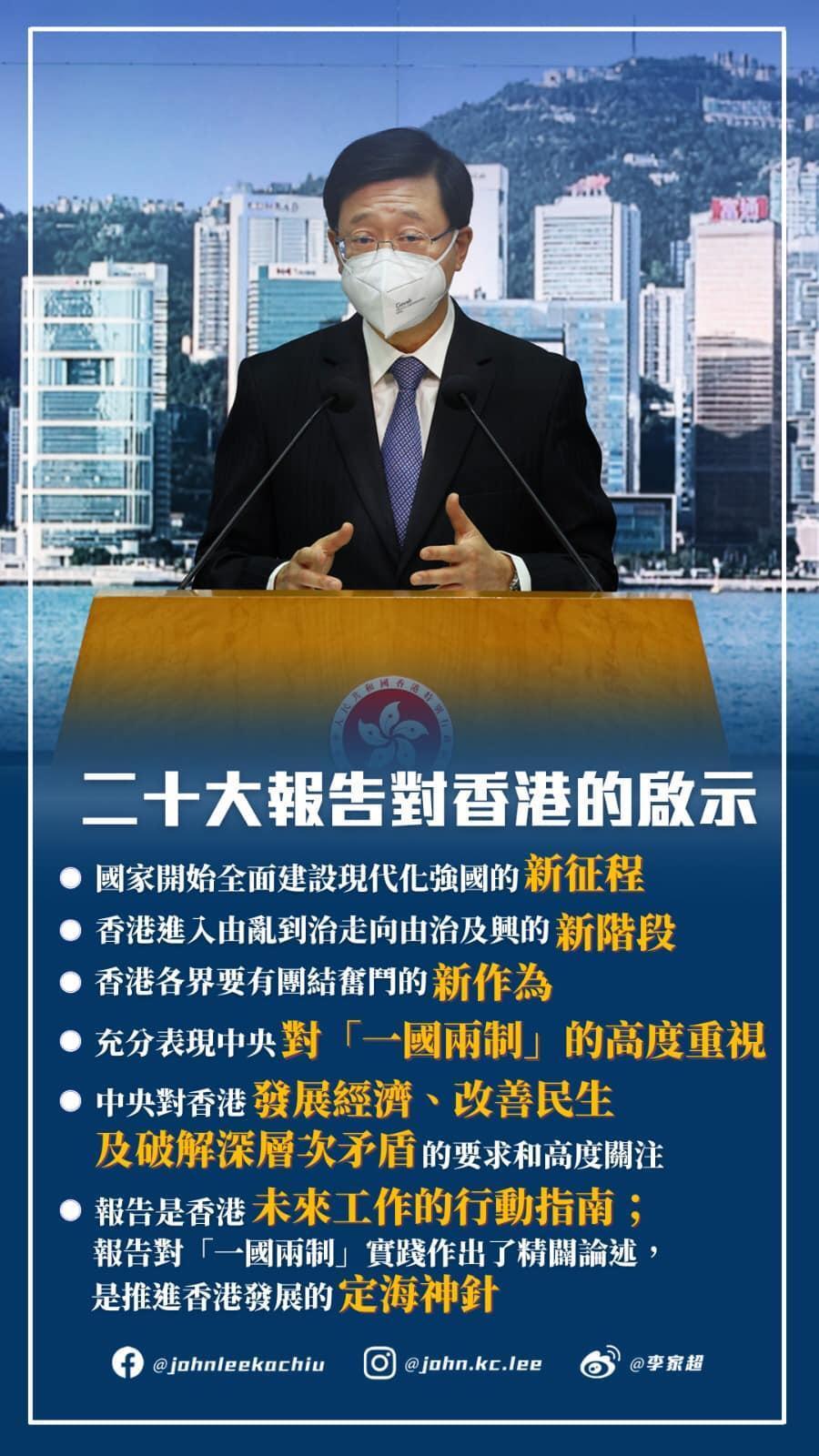 李家超昨日簡述中共二十大報告對香港的「啟示」。（翻攝自李家超臉書）