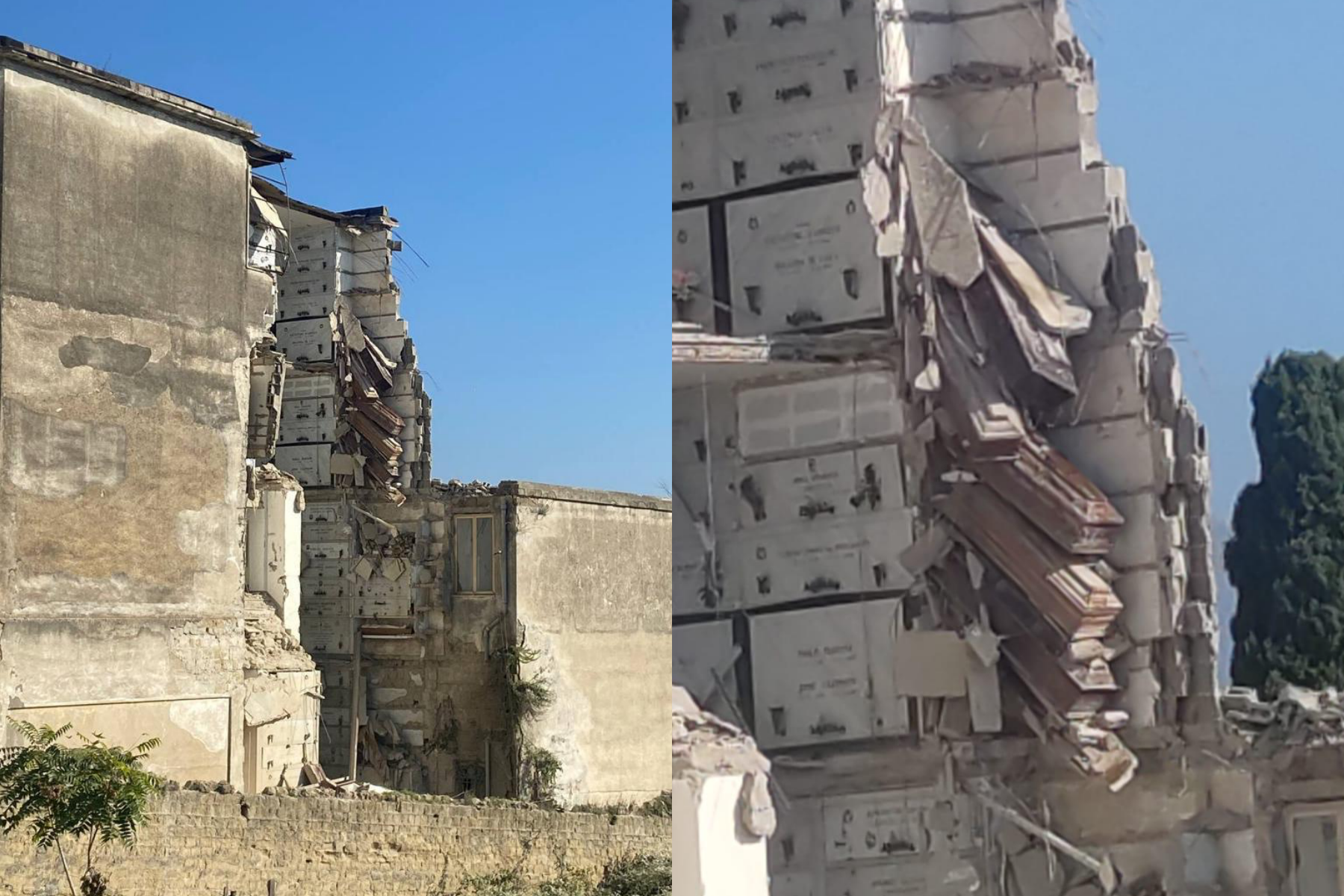 義大利那不勒斯的公墓發生倒塌意外，導致10多具棺材懸掛在外。（翻攝自Francesco Emilio Borrelli臉書）