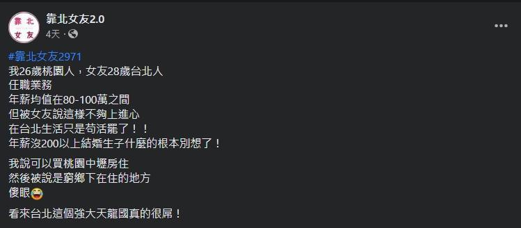 一名網友透露，住在台北的女友覺得中壢是窮鄉下。（翻攝自靠北女友2.0臉書）