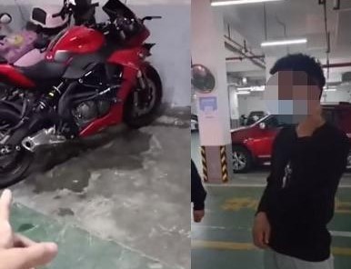 犯案的黑衣男子事後被警察逮補，車主則無奈的錄下自己愛車遭「污辱」後的畫面。（翻攝自推特）