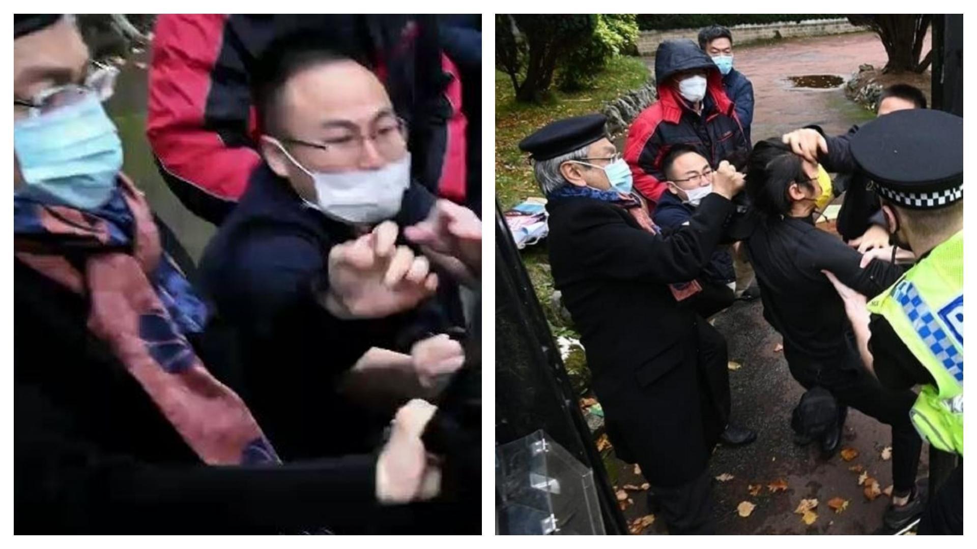 中國總領事鄭曦原被拍到手拉扯示威者的頭髮與帽子，企圖將人拖進領事館內。（翻攝自推特）