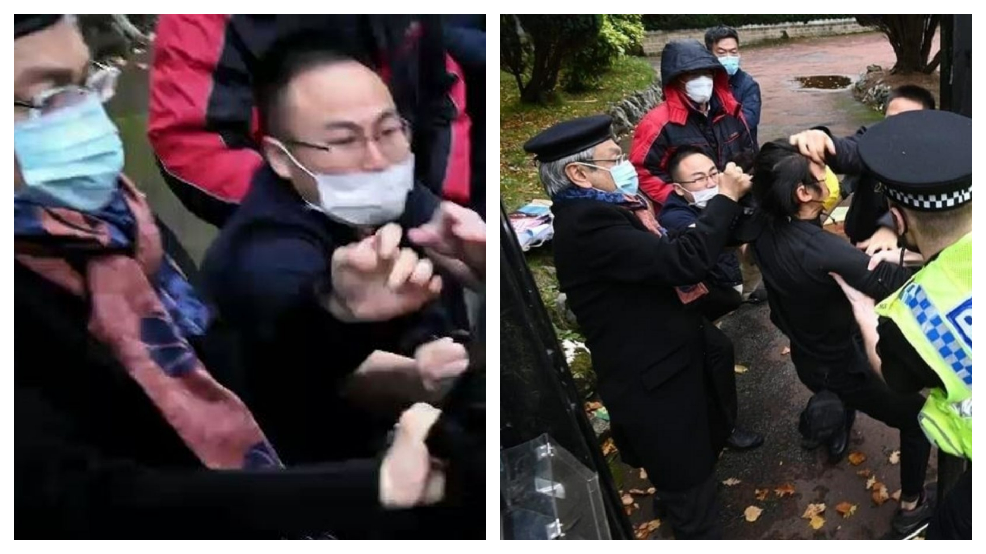 中國總領事鄭曦原被拍到手拉扯示威者的頭髮與帽子，企圖將人拖進領事館內。（翻攝自推特）