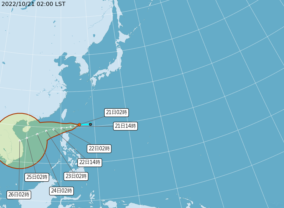 熱帶性低氣壓逐漸靠近台灣東南東方海面,下午起北台灣水氣增多。(中央氣象局提供)