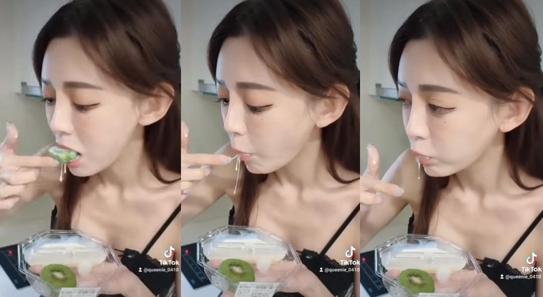 長瀨昆妮在IG放上吃奇異果優格影片，嘴角滴下的優格引人遐想。（翻攝IG @hou_queenie）