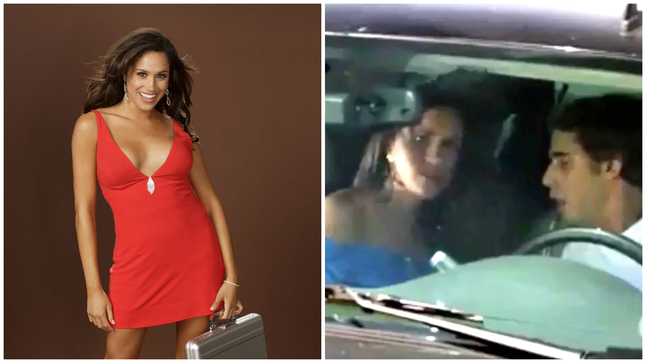 梅根在《一擲千金》當「公事包女孩」（左圖），2年後到《亂愛高校生》客串，上演口愛劇情。（翻攝NBCUniversal／CW畫面）