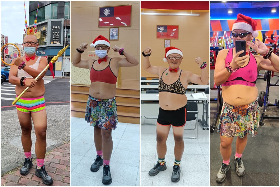 「黃宏成台灣阿成世界偉人財神總統」卸下以往的財神裝扮，改以運動健身的健康形象參選嘉義市長。（合成圖，翻攝財神總統選總統，一定當選，已經當選。臉書）