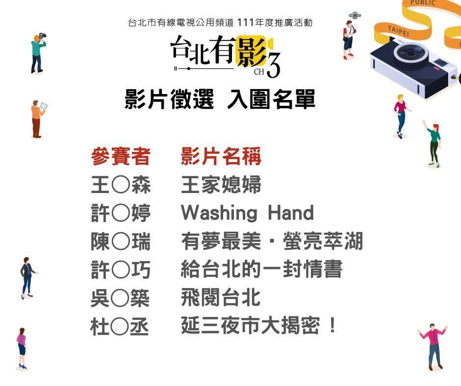 「台北有影3」影片徵選活動共有6人入圍,將在今(22日)下午2時在「北市公用頻道」臉書進行線上頒獎典禮直播。(翻攝自北市公用頻道臉書)